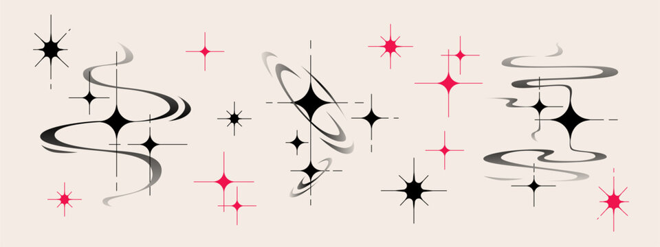 Y2k aesthetic star shapes set with sparkles and swirls in black gradient and pink colors - retro elements for tattoo design. Nostalgic 2000s cosmic symbols with orbital rings and starburst patterns.