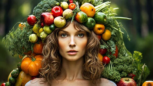 Wreath on a woman's head with vegetables and fruits. Selective focus. Food.