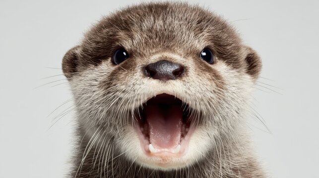 Close-up of a playful baby otter with open mouth showing teeth and curious expression