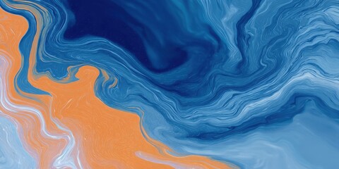 Fototapeta premium Abstract fluid art painting with swirling blue and orange marbled patterns