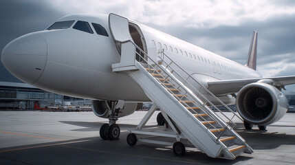 An airplane with a boarding staircase with railings front side door open, Passenger aircraft with boarding ramp, Commercial airplane on tarmac