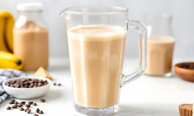 Glass pitcher filled with creamy beverage surrounded by bananas, chocolate chips, and bottles
