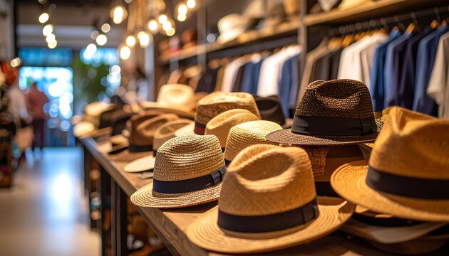 Straw hats display with boutique shop.