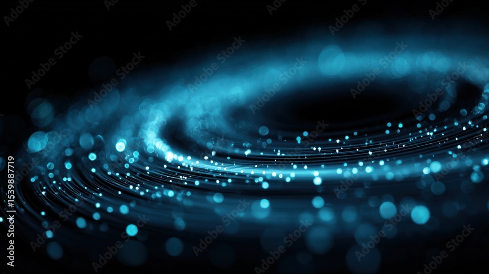 Poster Abstract technology background with glowing blue particles swirling in motion