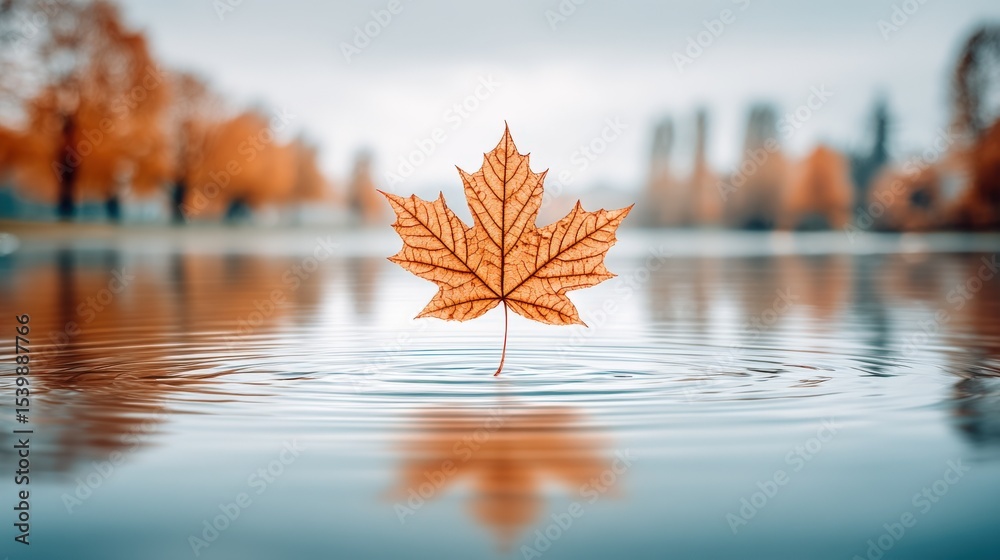 Poster Vibrant autumn maple leaf floating on calm water with blurred fall trees in background