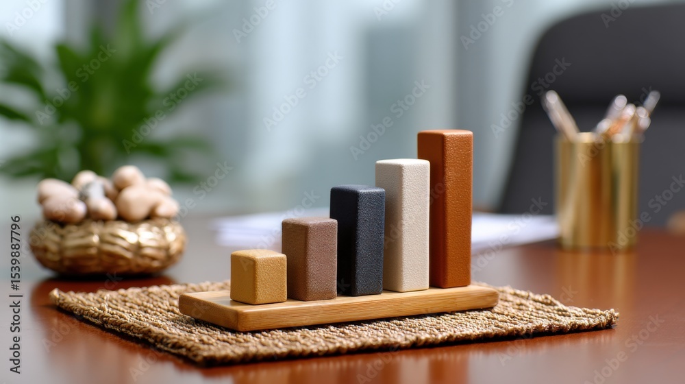 Poster Modern bar graph chart with colorful tall blocks representing data analysis and growth on wooden desk