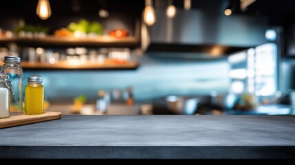 Modern industrial kitchen counter with spice jars and blurred culinary background du daytime
