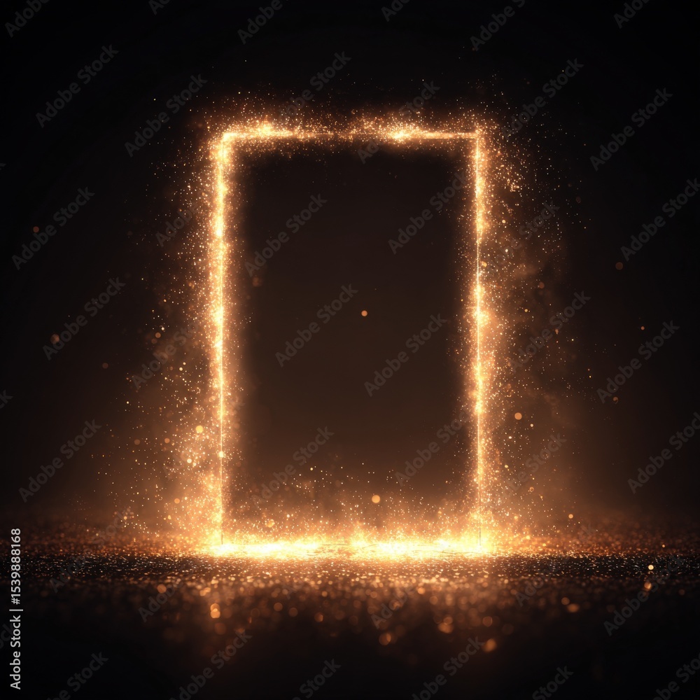Poster Glowing rectangular frame of sparkling golden particles with fiery light effects on black background