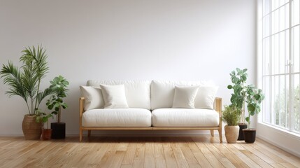 Fototapeta premium Bright Minimalist Living Room with White Sofa Natural Light Indoor Decor