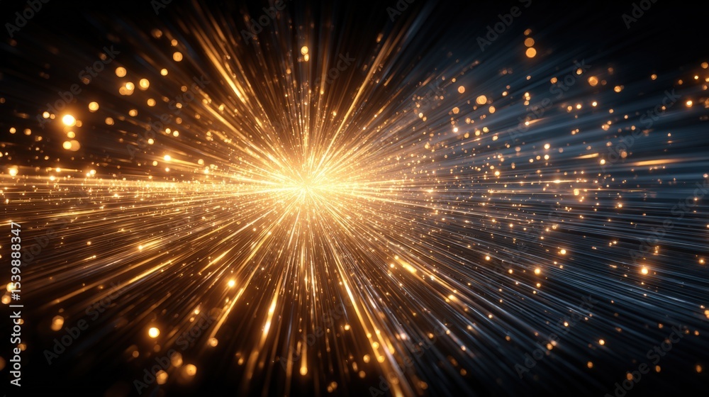 Poster Bright Golden Light Explosion with Sparkling Particles Creating Dynamic Visual Effect