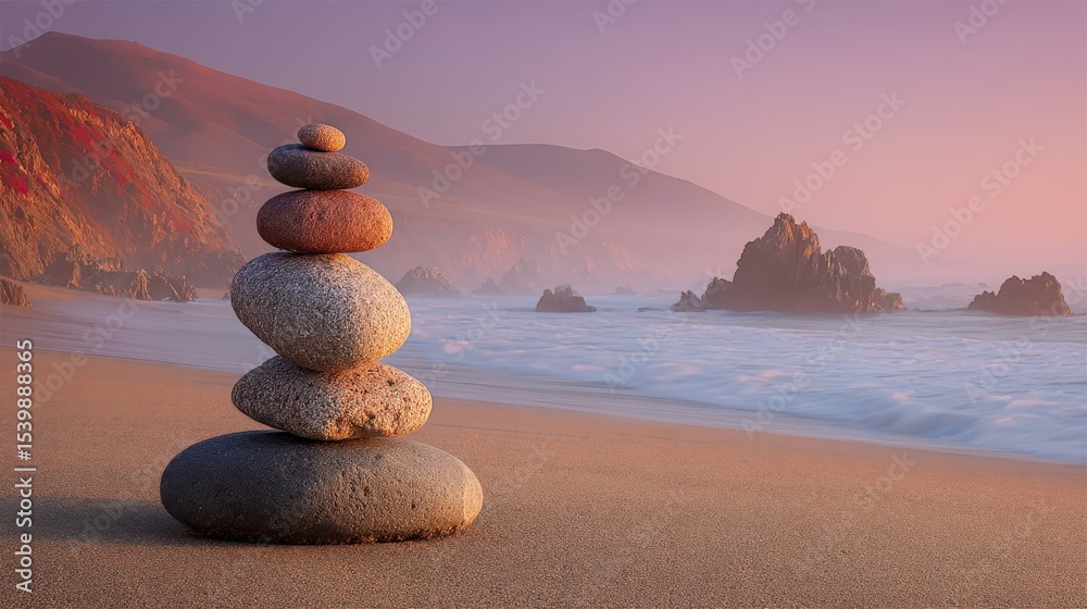 Aufkleber serene sunset beach scene with stacked stones on sand and ocean waves in background
