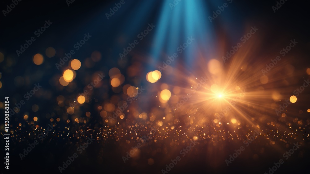 Poster Vibrant bokeh lights with golden glow and sparkling particles in dark background