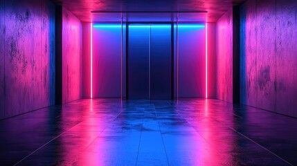 Neon lights illuminate a modern concrete hallway.