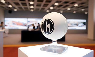 Decorative white ball with a logo displayed on a pedestal in a modern exhibition space
