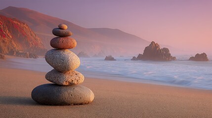 Fototapeta premium Serene sunset beach scene with stacked stones on sand and ocean waves in background