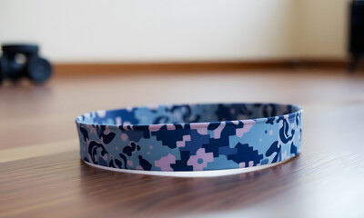 Fashionable patterned headband resting on a wooden floor in a fitness setting
