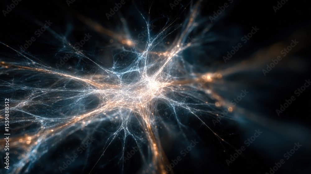 Poster abstract cosmic energy explosion with glowing neural network and light streaks