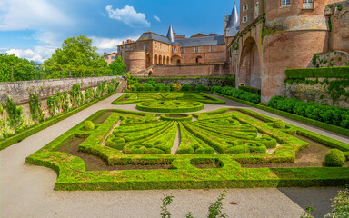 Panoramic exterior view of the French formal garden with the Berbie Palace in the background, Albi,...