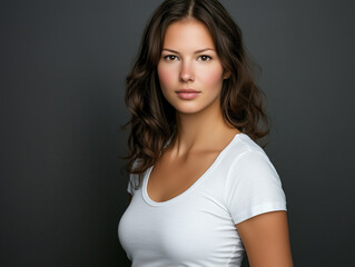 Obraz premium Portrait of a beautiful young woman with brown hair and white t-shirt