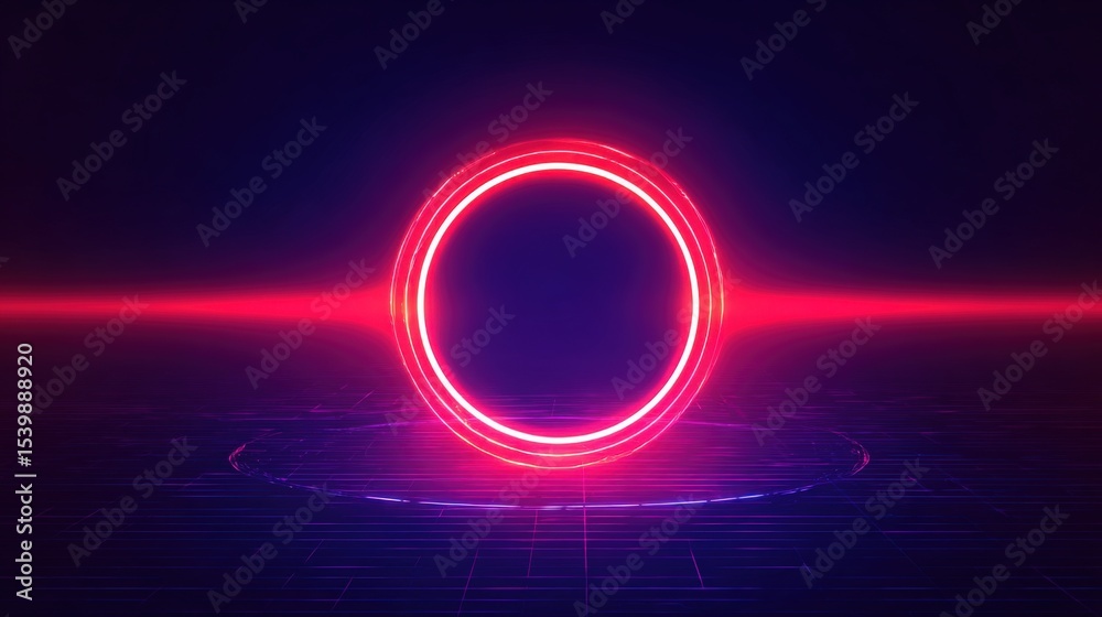 Poster futuristic neon glowing circle with vibrant red light and digital grid background