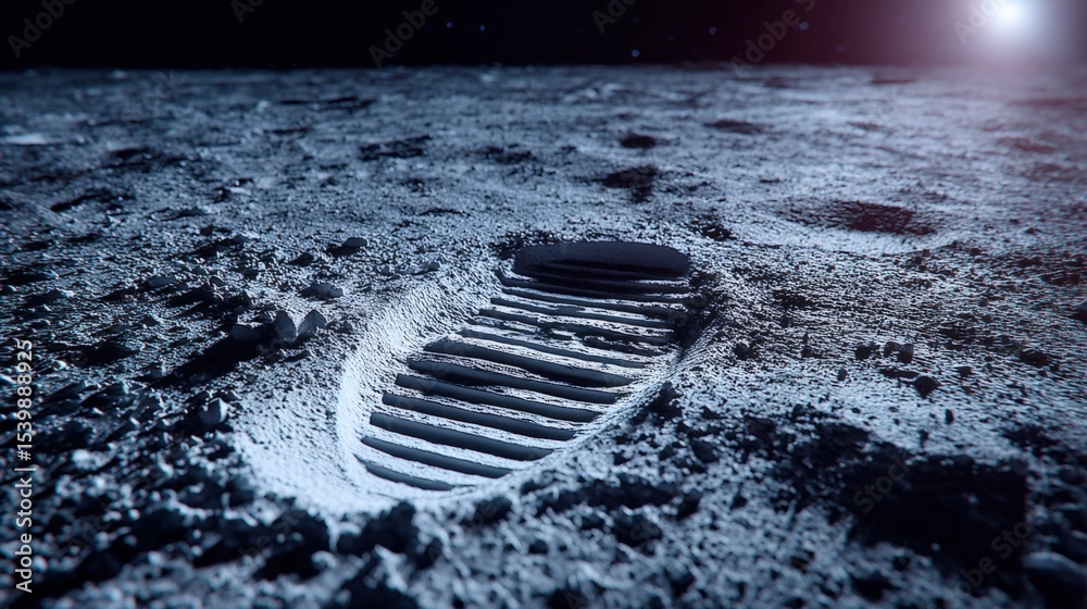 Poster detailed close-up of astronaut footprint on lunar surface with moonlit shadows and textured terrain