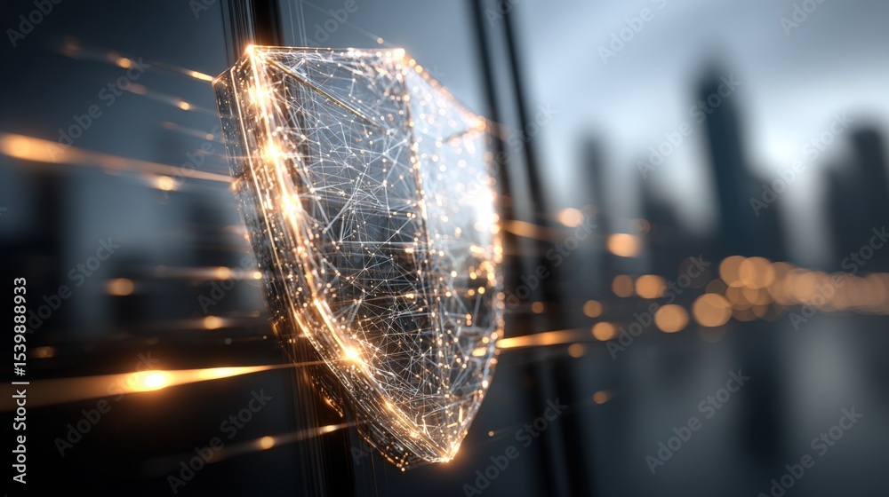 Poster futuristic digital security shield with glowing network connections in modern cityscape