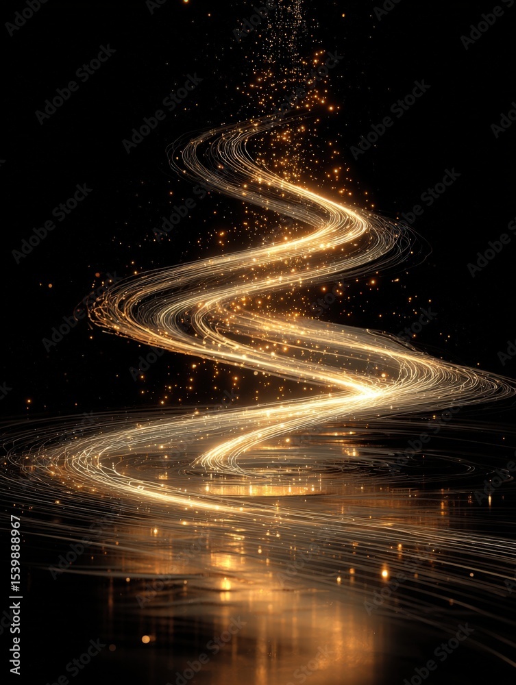 Poster sparkling gold light trail spiral dance with dynamic motion and glow