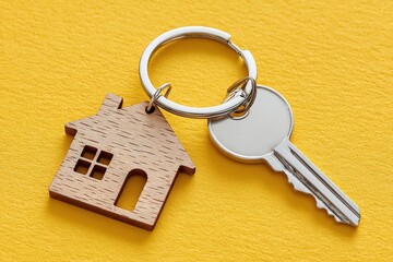 House key with wooden house pendant on a bright yellow background for real estate