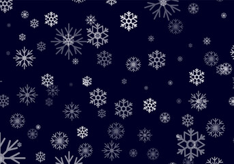 Delicate snowflakes of various designs float against a deep blue backdrop, creating a captivating winter illustration. This artwork evokes the serene beauty of a snowy day