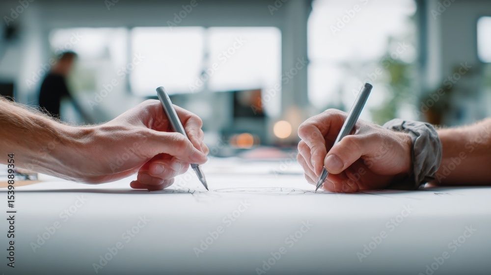 Poster two people collaborating on a creative project writing on large white paper in a modern office