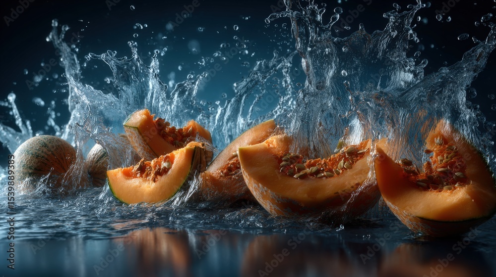 Poster Fresh succulent papaya slices splashing into water creating vibrant and dynamic scene