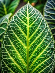 Close-up of a vibrant green leaf with intricate venation and subtle texture