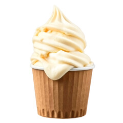 Scoops of creamy vanilla ice cream in brown paper cup isolated on transparent background