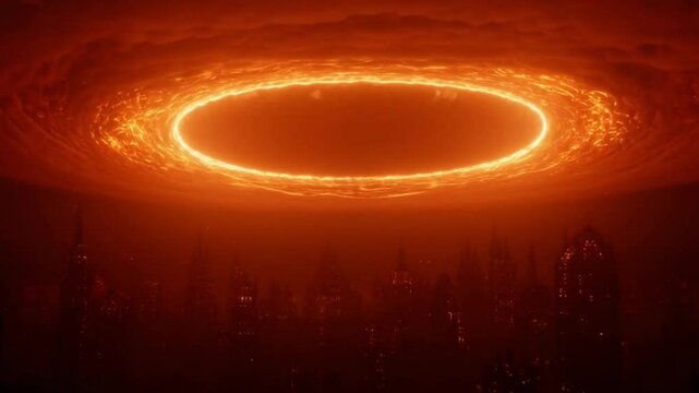 Dystopian Cityscape Glows Under Fiery Descent,light, fire, sun, orange, space, star, design, flame, glow, explosion, art, energy, bright, shine, animation, motion, illustration, yellow, red, hot, flar
