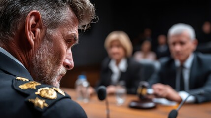 Military official engaged in serious discussion during high-stakes hearing in a formal setting