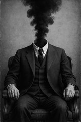 Monochrome, surreal: A formally dressed man sits in an armchair, his head replaced by a rising plume of thick black smoke. Conceptual art, evoking stress or burnout.