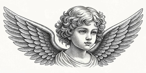 Fototapeta premium A modern illustration of a cherub with wings is rendered in a classic engraving style with great detail