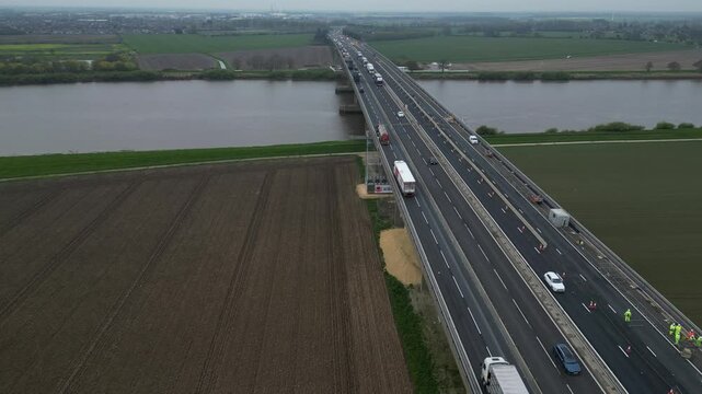 aerial view of The Ouse Bridge is a reinforced concrete plate girder bridge on the M62 that spans River Ouse. East Yorkshire 