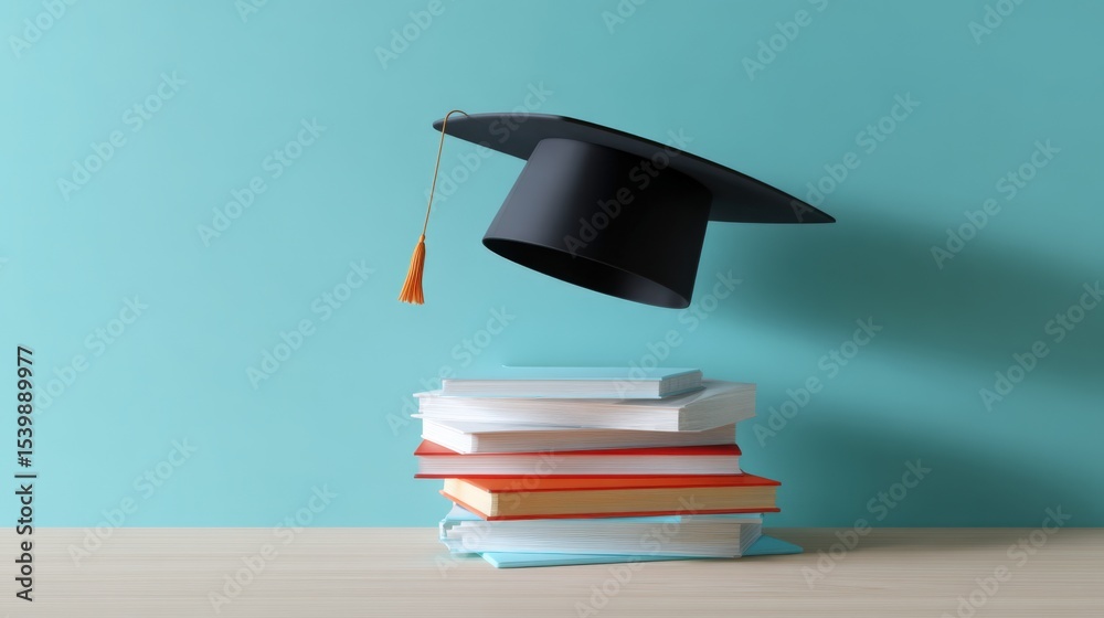 Poster graduation cap with stack of books on table against turquoise wall background