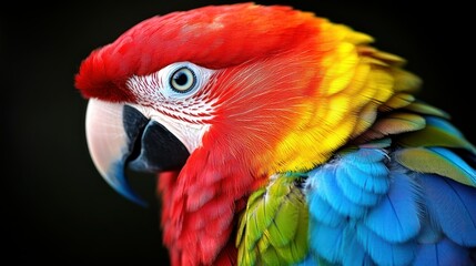 Scarlet macaw headshot red, blue, and yellow feathers