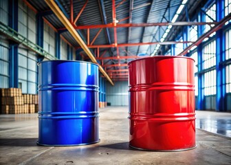 Steel drum oil barrel on the ground with red and blue color combination in industrial setting