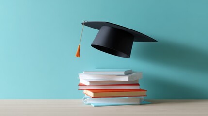 Graduation cap with stack of books on table against turquoise wall background