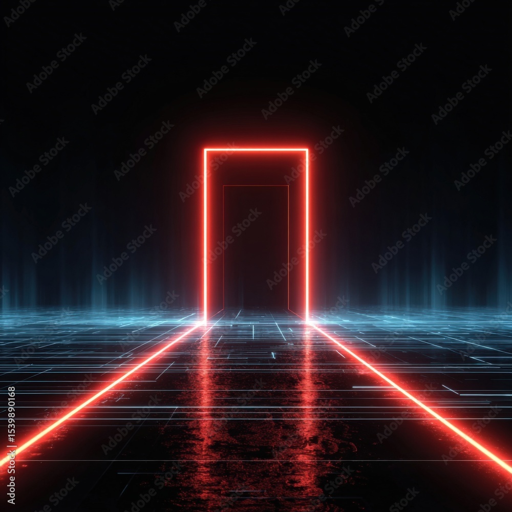 Poster futuristic neon glowing doorway with grid pathway and reflections in dark environment