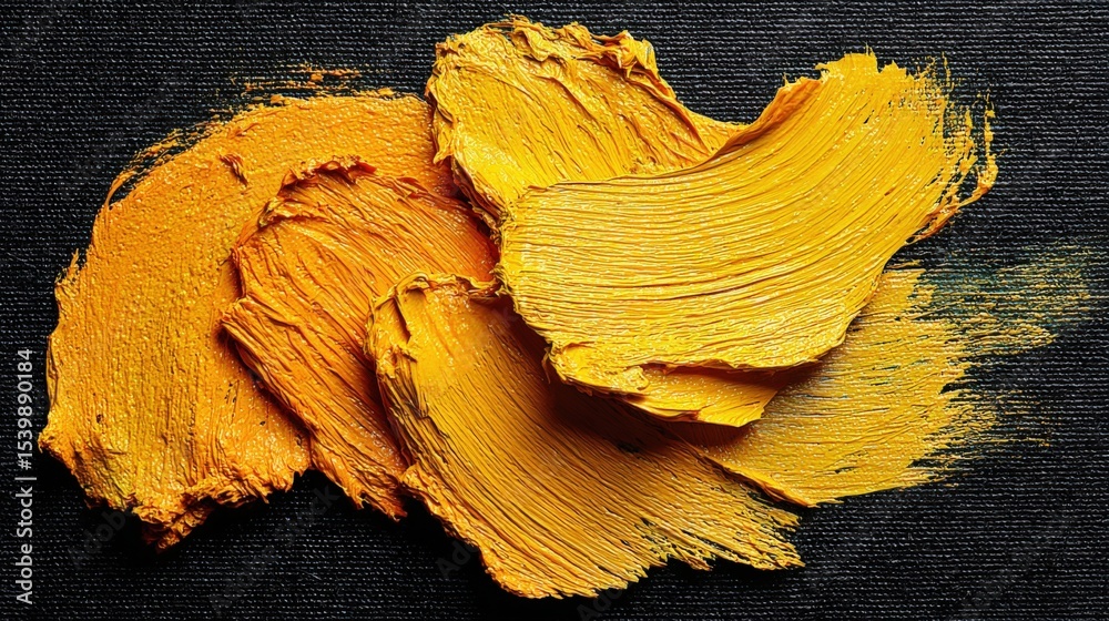 Poster abstract art with bold yellow and orange textured paint strokes on dark background