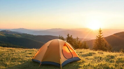 camping adventure concept. A bright orange tent sits on grassy hills overlooking mountains at sunrise, creating a peaceful outdoor camping scene. - Powered by Adobe