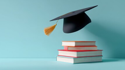 Graduation cap with tassel above stacked books on pastel background for education