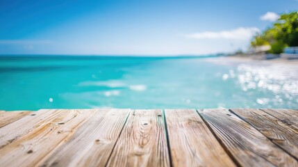 Fototapeta premium Sunny tropical beach with turquoise water and wooden pier overlooking lush greenery