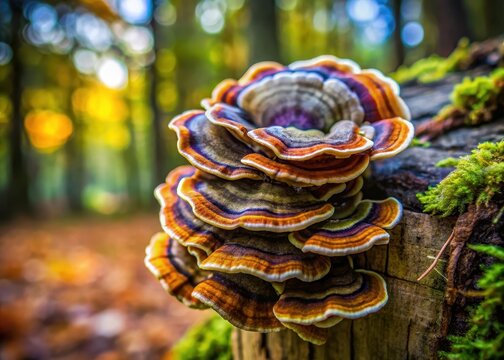 A selective focus shot of Trametes versicolor mushroom on an old tree trunk with a blurred background