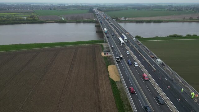 aerial view of The Ouse Bridge is a reinforced concrete plate girder bridge on the M62 that spans River Ouse. East Yorkshire 