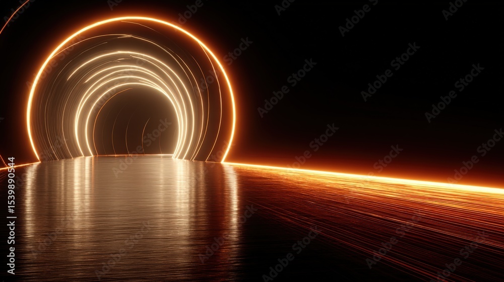 Poster long exposure photo of glowing tunnel with bright circular light reflections and reflections on wate